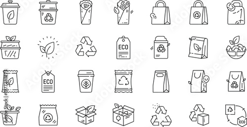 Set of Line Icons Representing Eco-friendly Packaging, Recycling, Sustainable Products, and Green Consumerism for Environmental Awareness