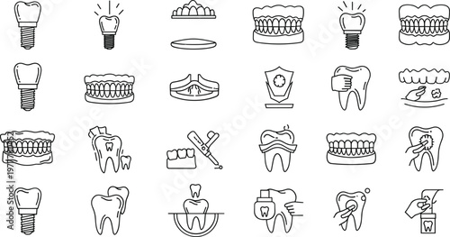 Set of Line Icons Representing Dental Implant Procedures, Full Set of Dentures, Tooth Restorations, and Oral Surgery Treatments