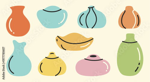 Collection of Colorful Ceramic Vases and Pottery Objects.