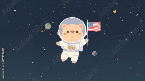 cute capybara astronaut holding american flag floating in the space