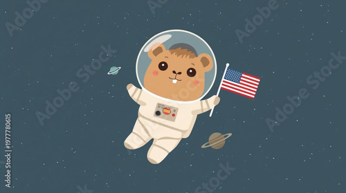 cute capybara astronaut holding american flag floating in the space