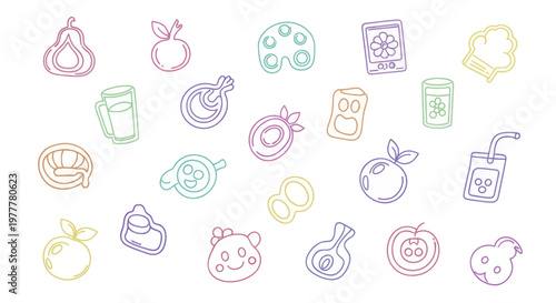 Collection of colorful outline icons representing food and drinks.