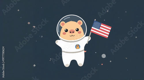 cute capybara astronaut holding american flag floating in the space
