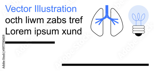 Healthcare, innovation, education, biology, clean energy, infographic. Minimal design including lungs diagram, lightbulb and placeholder text. Healthcare and innovation conceptual focus