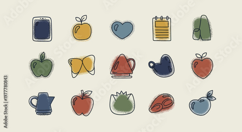 Collection of Hand-Drawn Doodle Icons with Colorful Shapes and Outlines.