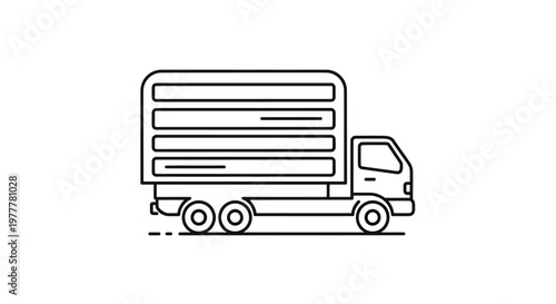 Minimalist line art of a delivery truck with a large cargo box and three axles