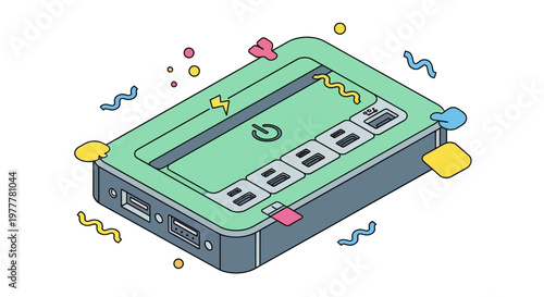 Isometric Illustration of a Portable Multi-Port Power Bank and External Battery Charging Station