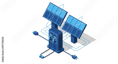 Isometric 3D Illustration of Solar Energy Charging Station and Solar Panels for Electric Vehicles and Renewable Green Technology Infrastructure