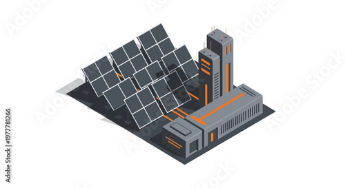 Isometric Solar Power Plant Illustration with Photovoltaic Panels and Modern Energy Storage Building for Renewable Green Energy Concept