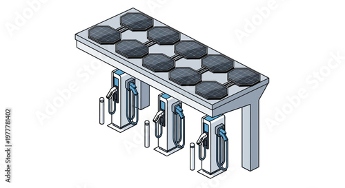 Isometric Solar Powered EV Charging Station Illustration for Sustainable Green Energy Transportation