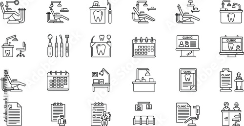 Set of Line Icons Representing Dental Clinic, Treatment Rooms, Dental Equipment, Appointments, and Oral Health Services for Dentistry and Patient Care