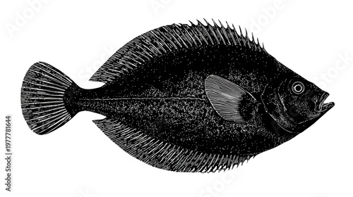 Flat Fish Silhouette Like Flounder or Sole Top View on Clean Background for Marine Illustration