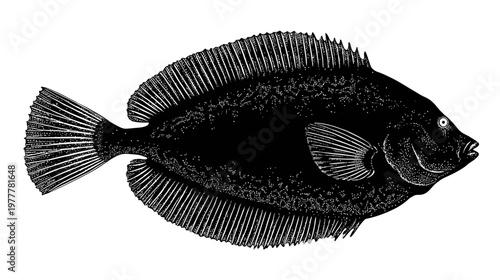 Flat Fish Silhouette Like Flounder or Sole Top View on Clean Background for Marine Illustration
