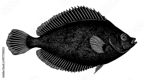 Flat Fish Silhouette Like Flounder or Sole Top View on Clean Background for Marine Illustration