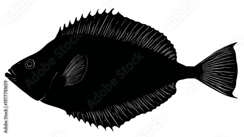 Flat Fish Silhouette Like Flounder or Sole Top View on Clean Background for Marine Illustration