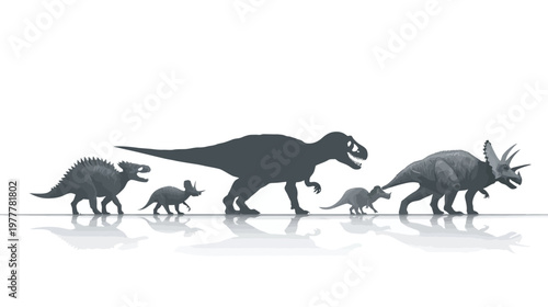 Group of Dinosaur Silhouettes Including T-Rex and Triceratops for Prehistoric Illustration Set