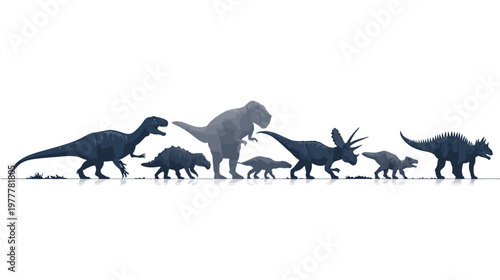 Group of Dinosaur Silhouettes Including T-Rex and Triceratops for Prehistoric Illustration Set