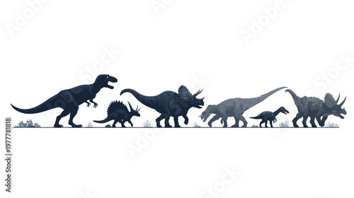 Group of Dinosaur Silhouettes Including T-Rex and Triceratops for Prehistoric Illustration Set