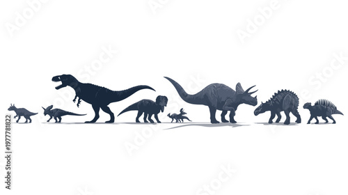 Group of Dinosaur Silhouettes Including T-Rex and Triceratops for Prehistoric Illustration Set