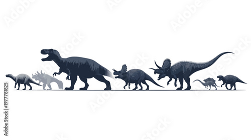 Group of Dinosaur Silhouettes Including T-Rex and Triceratops for Prehistoric Illustration Set