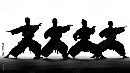 Group of Martial Artists in Synchronized Kata Positions Demonstrating Discipline and Precision