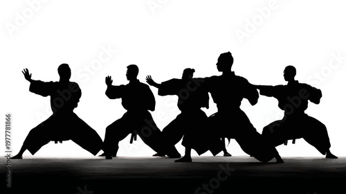 Group of Martial Artists in Synchronized Kata Positions Demonstrating Discipline and Precision