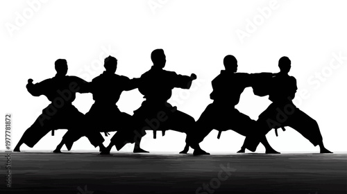 Group of Martial Artists in Synchronized Kata Positions Demonstrating Discipline and Precision