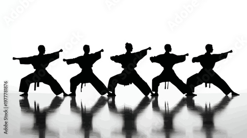 Group of Martial Artists in Synchronized Kata Positions Demonstrating Discipline and Precision