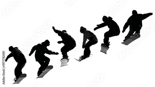 Group of Snowboarders in Action Poses Jumping Gliding and Landing in Dynamic Winter Sports Scene