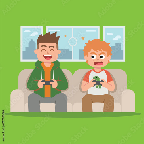 Funny brothers playing video games on couch cartoon vector illustration siblings day family holiday concept isolated flat vector