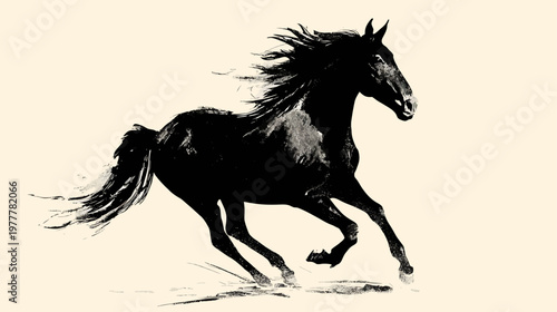Horse Silhouette in Running Motion with Flowing Mane and Tail in Dynamic Action