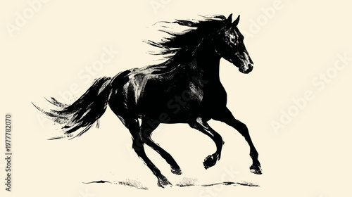Horse Silhouette in Running Motion with Flowing Mane and Tail in Dynamic Action