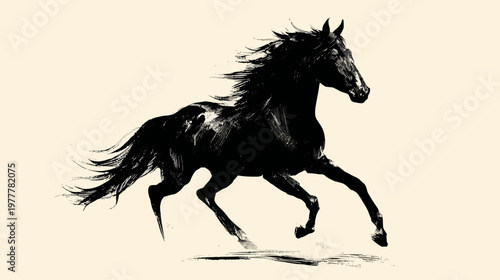 Horse Silhouette in Running Motion with Flowing Mane and Tail in Dynamic Action