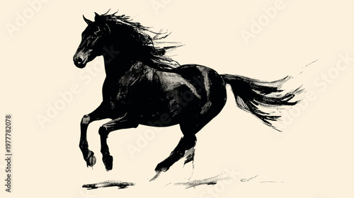 Horse Silhouette in Running Motion with Flowing Mane and Tail in Dynamic Action