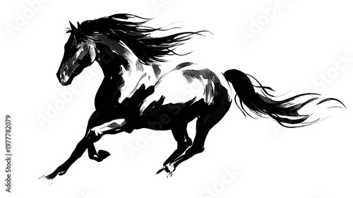 Horse Silhouette in Running Motion with Flowing Mane and Tail in Dynamic Action