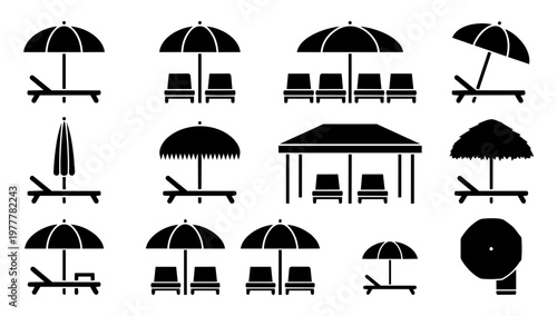 Beach and Pool Umbrella Lounger Silhouettes Resort Environment Travel Icon Set