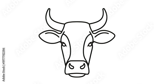 Minimalist outline drawing of a cow's face with prominent horns and ears