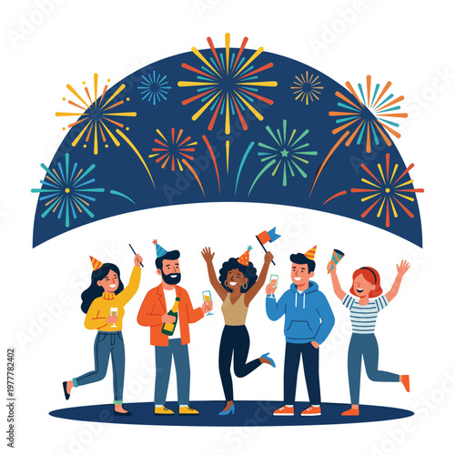 Happy people celebrating with fireworks and party hats