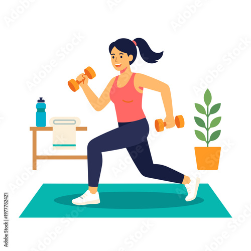 Woman exercising with dumbbells at home on a yoga mat with a plant nearby