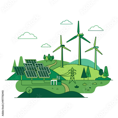 Renewable energy sources with solar panels and wind turbines on green landscape