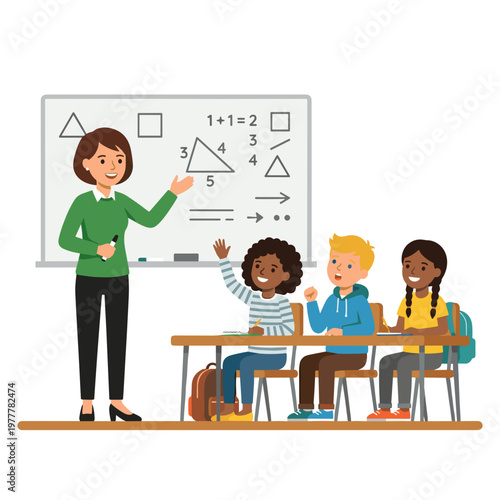 Teacher and students in classroom with math problems on whiteboard
