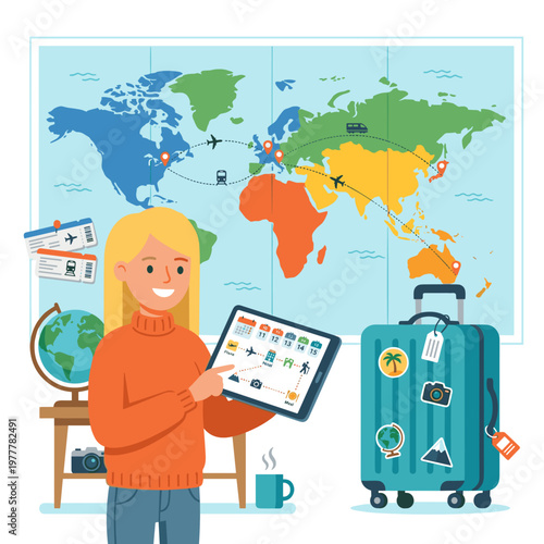 Woman planning travel trip vacation with world map and luggage