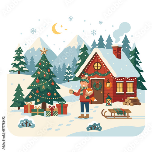Festive winter scene with a man and dog near a house and christmas tree