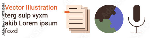 Communication, global connectivity, media services, information exchange, journalism, content creation. Visual of a document, globe and microphone icons. Communication and global connectivity