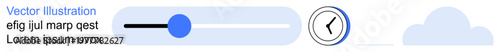 Technology design, user interface, web applications, time management, cloud synchronization, digital media. Slider control, clock icon and cloud graphic. User interface and technology design concept
