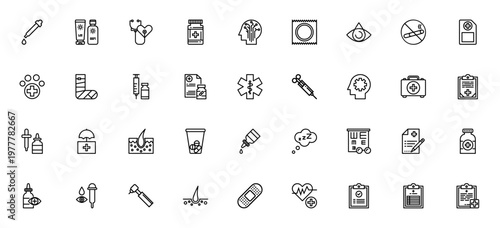 Healthcare icon set. Medical vector icons pack. Includes symbols for medicine, hospital, syringe, vaccine, first aid, brain, heart rate and more. Editable stroke.