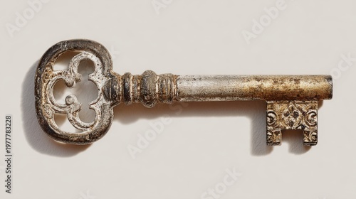 A close-up of an antique white-back key, featuring a vintage design and tarnished finish, shown against a simple white background to emphasize its worn charm