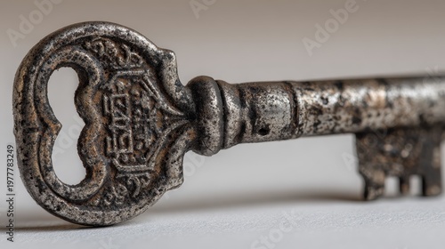 A close-up of an antique white-back key with delicate engravings and a tarnished surface, placed against a neutral backdrop to highlight its aged beauty