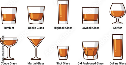A comprehensive collection of empty barware and drinking glasses, showcasing diverse styles for cocktails and beverages, perfect for menu design or mixology guides