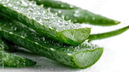 A close-up of fresh aloe vera leaves with water droplets gently resting on them, set against a white background to emphasize their natural purity